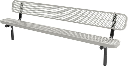Coated Outdoor Furniture Heavy-Duty Outdoor Bench Thermoplastic Coated, Expanded Metal, Commercial-Grade Seating, Made in America (Inground with Back, 8 Ft, Grey)