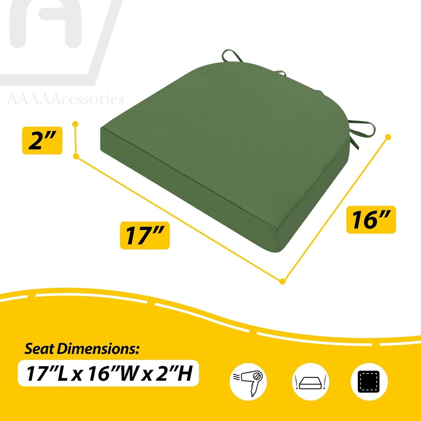 AAAAAcessories Outdoor Seat Cushions for Chairs, Waterproof, Fade-Resistant Patio Furniture Replacement Cushions, 17" x 16" x 2", Set of 2, Dark Moss