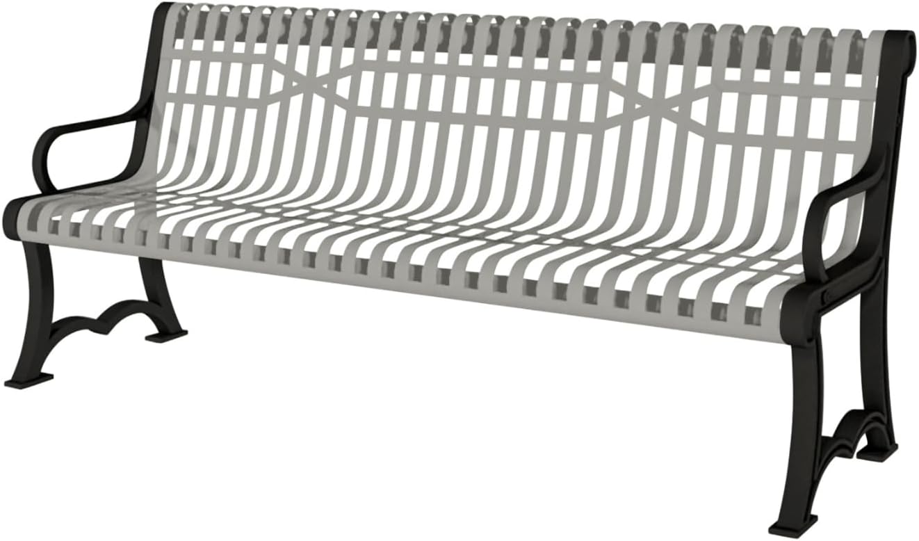 Heavy-Duty Outdoor Bench Thermoplastic Coated, Slatted Steel, Commercial-Grade Garden Bench, Made in America (Portable with Back, 4 Ft, Textured Grey)