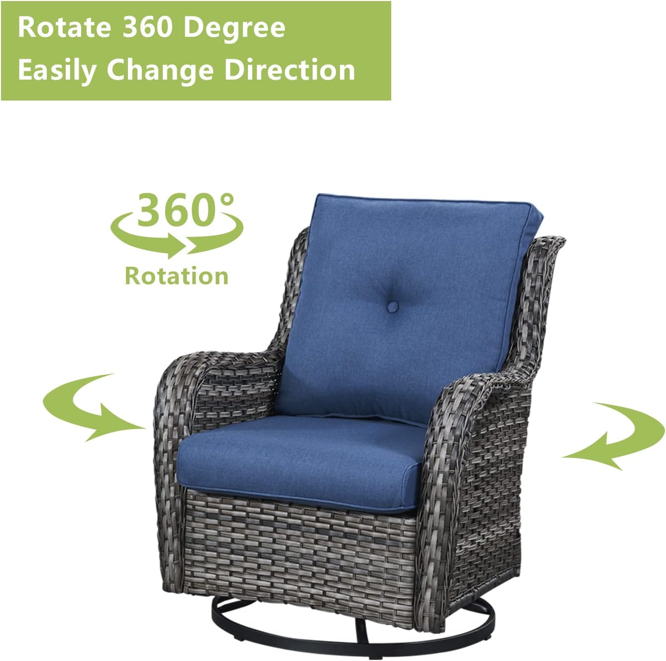 Outdoor Patio Swivel Rocker Chairs - Single Wicker Rattan Patio Swivel Rocking Chair with High Back,Deep Seating and Comfort Cushions for Deck Porch Garden,Mixed Grey/Blue