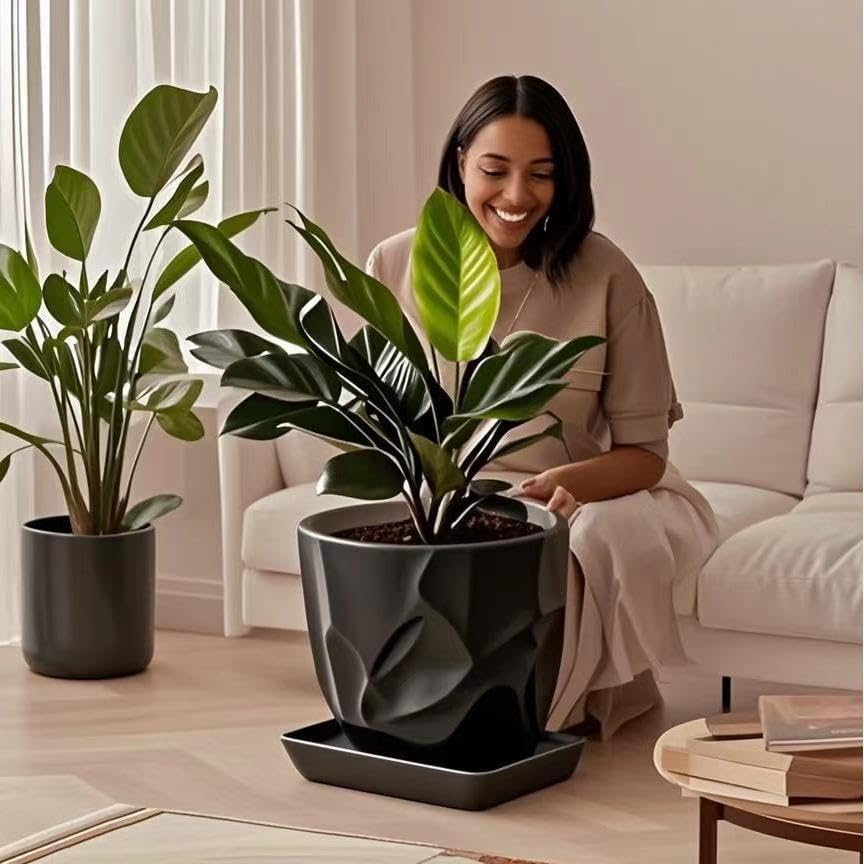 Square Plant Saucer 12 Inch 1 Pack，Plant Trays for Pots, Black Ceramic Plant Saucers for Indoors Outdoors, Plant Drip Tray 4 6 8 10 12 14 Inch
