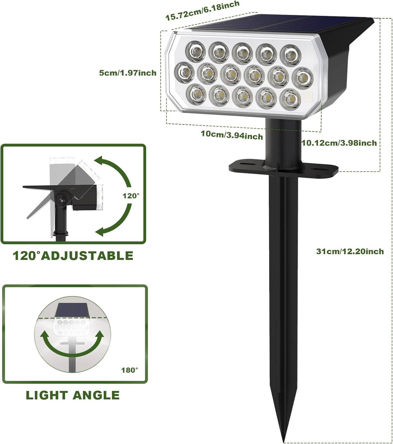 Solar Spot Lights Outdoor Waterproof IP65, 3 Lighting Modes Solar Outdoor Lights for Garden Yard Outside Landscape, 2 Pack
