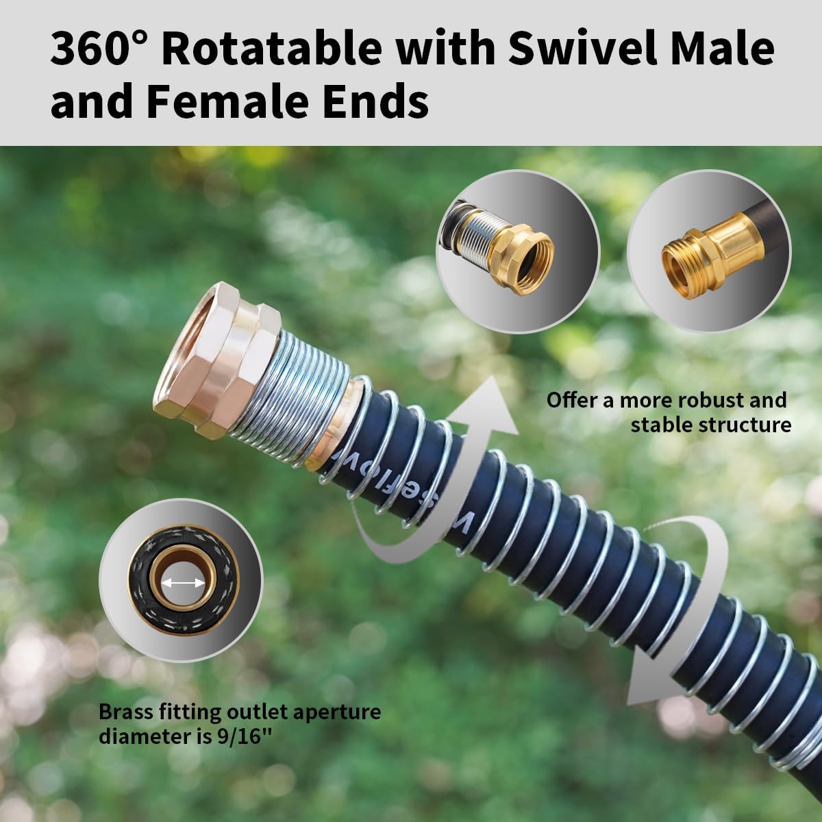 WiseFlow Garden Hose 100FT x 3/4", Heavy Duty Rubber Hose, 1000PSI Burst, 300PSI Working, Water Hose with Five Layered Braiding, Male Female Fittings (Black)