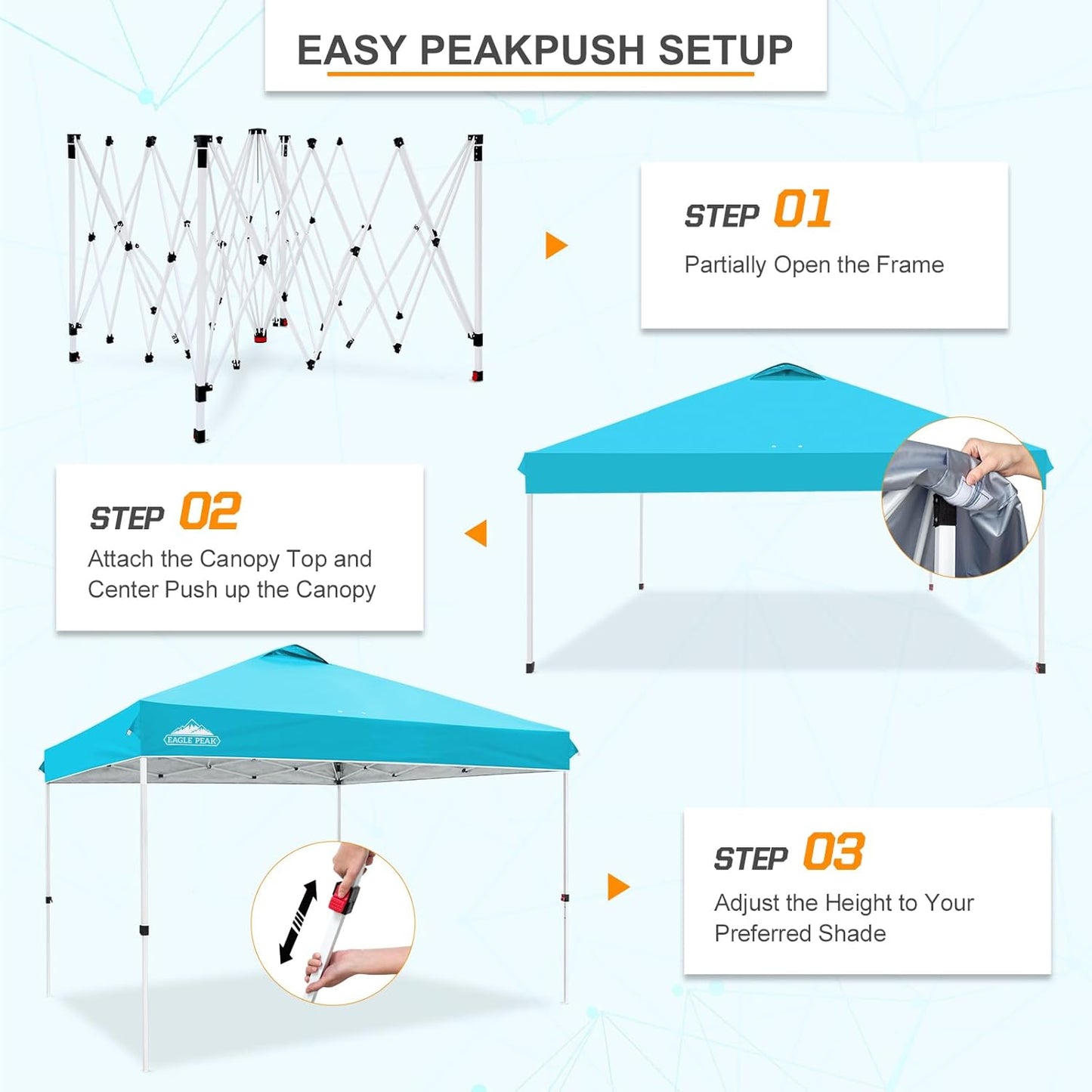 EAGLE PEAK Pop Up Canopy Tent with Wheeled Carry Bag, 8 Stakes, 4 Ropes, 4 Weight Bags, Easy Set Up Tent Canopy, 12x12 ft, 144sqft of Shade, Light Blue