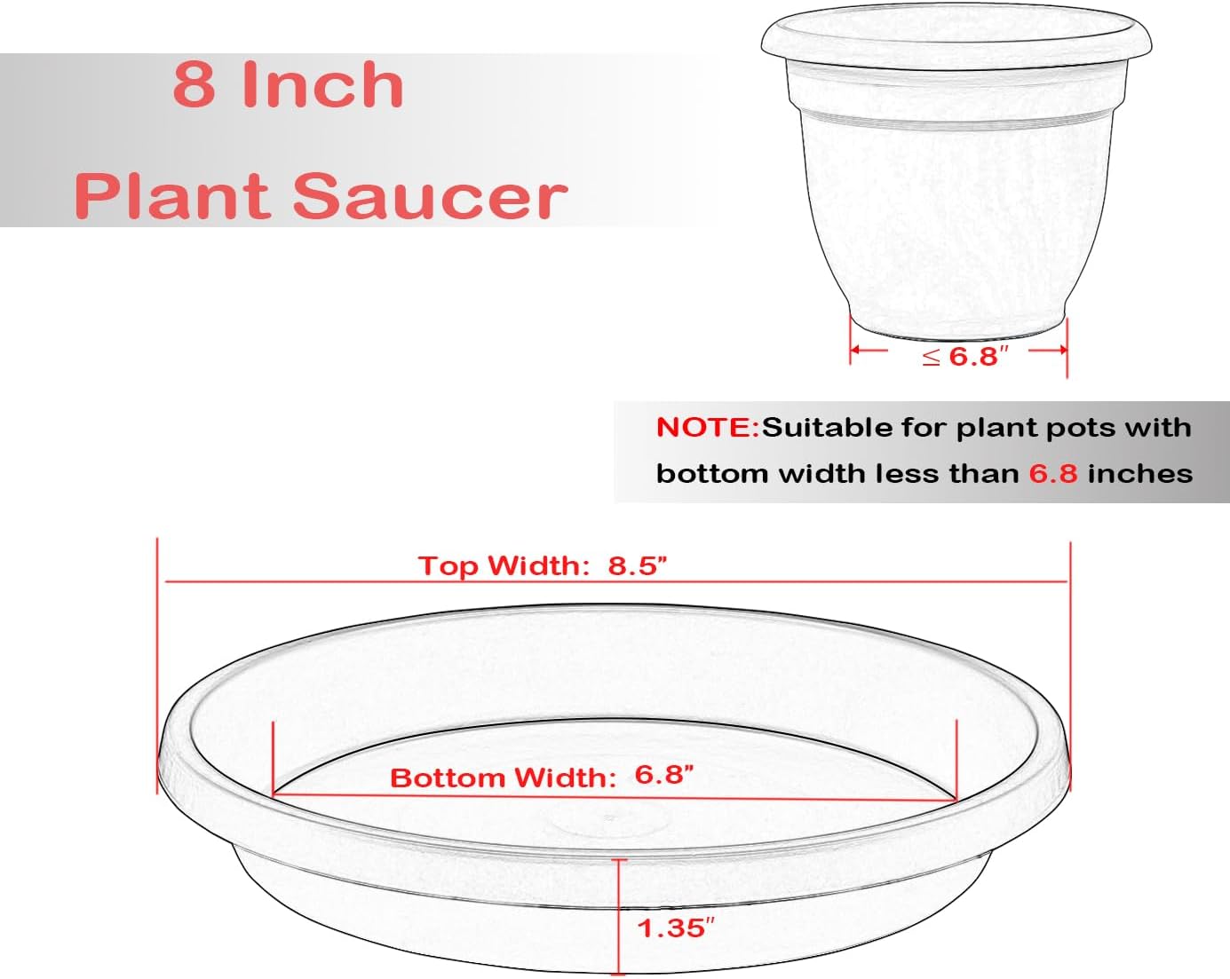 5 Pack Plant Saucer 8 Inch, Flower Pot Saucers Plant Trays for Pots, Plant Plates to Catch Water Indoor Plants, Plastic Planter Tray for Indoors, Planting Trays
