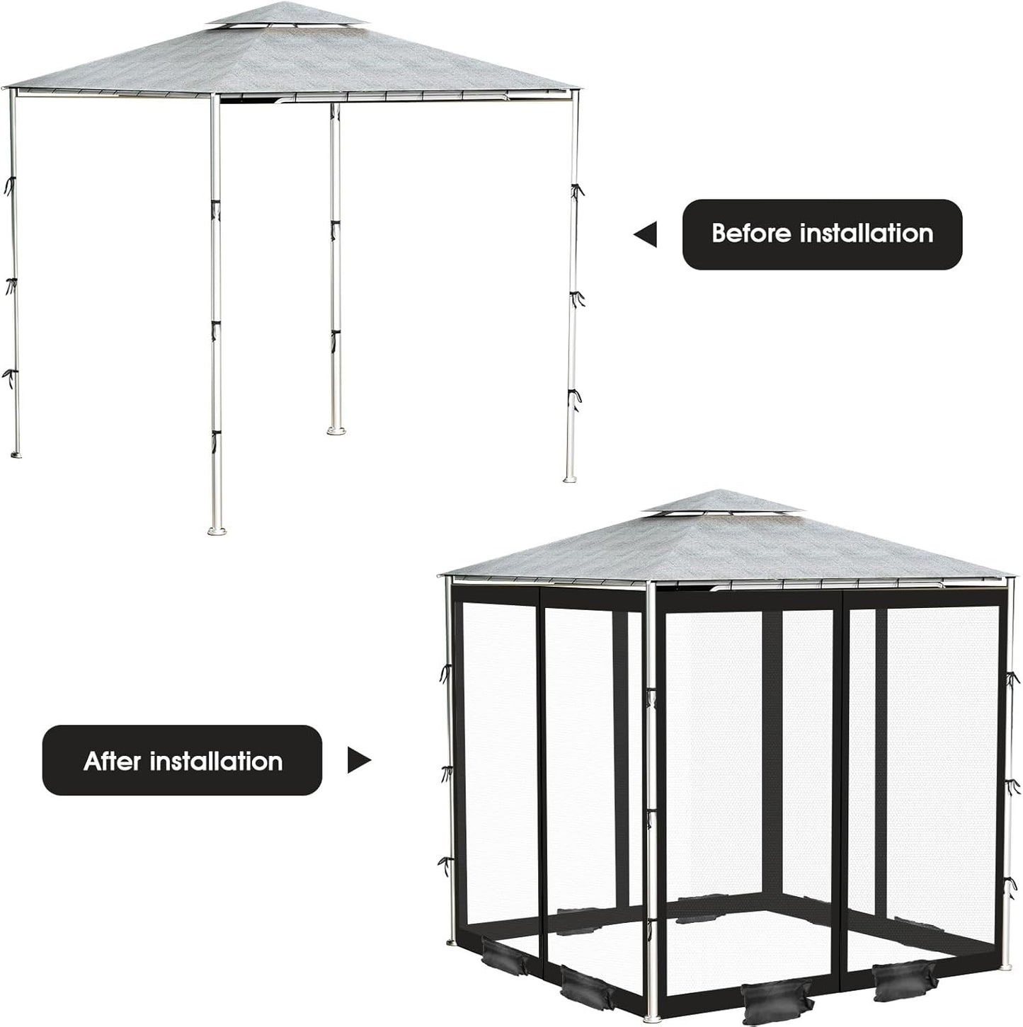 ShowyLive 12x12 Patio Umbrella Mosquito Netting with Zipper 4 Doors & 8 Weight Bag - Adjustable Polyester Mesh Bug Screen for Outdoor Umbrellas, Garden, Patio Tables (Black)