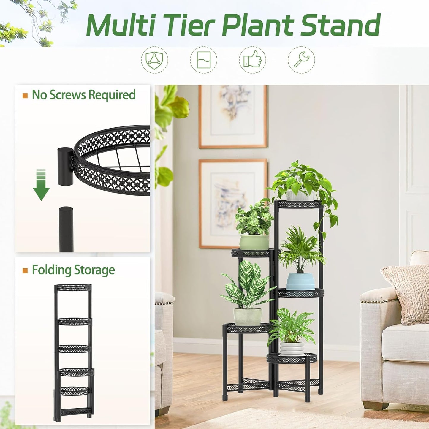 iDavosic.ly Plant Stand Indoor Outdoor, 5 Tier Corner Metal Flower Display Holder Shelf, Folding Tall Orchid Rack for Patio Balcony Porch Garden Living Room House, Wrought Iron - Modern Black
