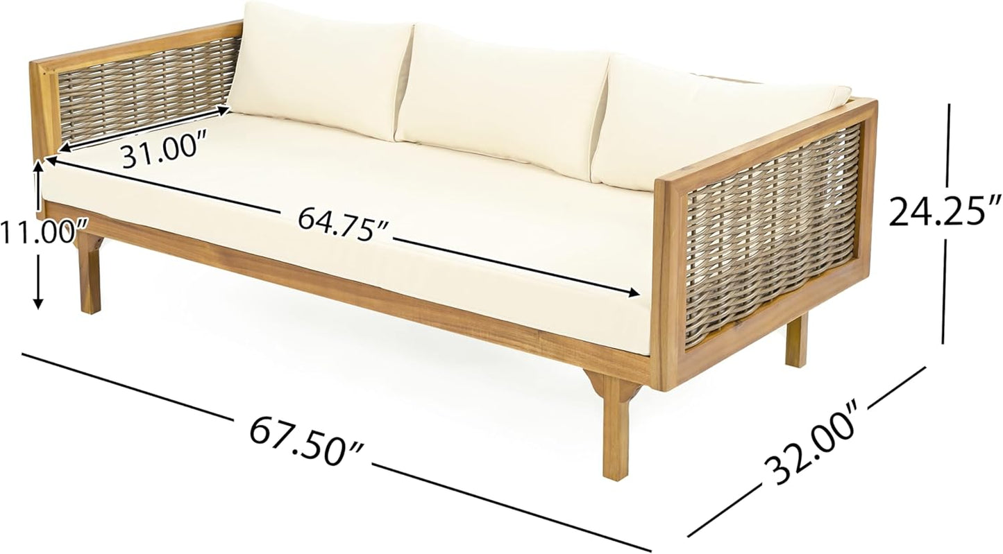 Christopher Knight Home Outdoor 3 Seater Acacia Wood Daybed with Fabric Water Resistant and Removable Cushions, Patio Garden Poolside Sofa with Wicker Armrest and Slat Paneling Back, Teak and Beige