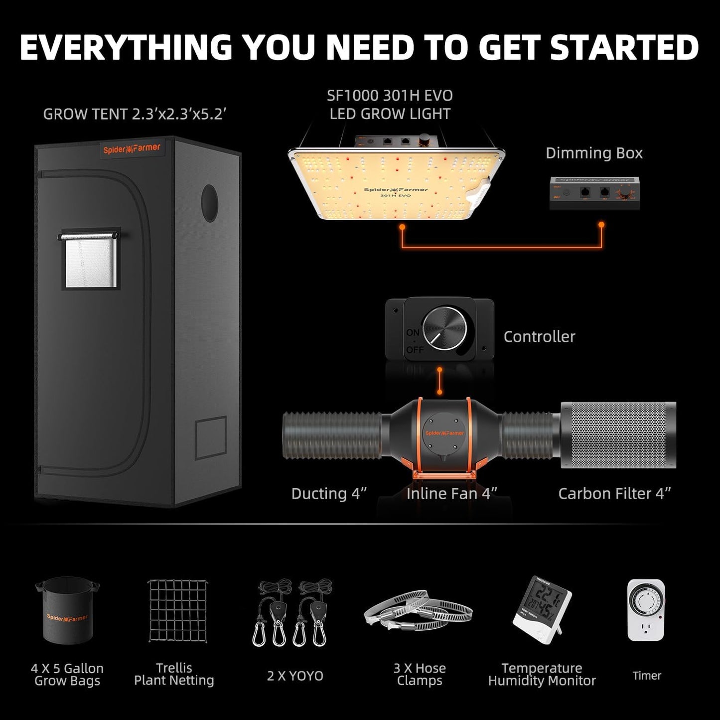 Spider Farmer EVO Grow Tent Kit Complete 28"x28"x63" SF-1000 Samsung LM301H EVO & Dimmable, Grow Tent Complete System 2.3x2.3ft Growing Tent Kit Set with 4" Ventilation System &6'' Clip Fan