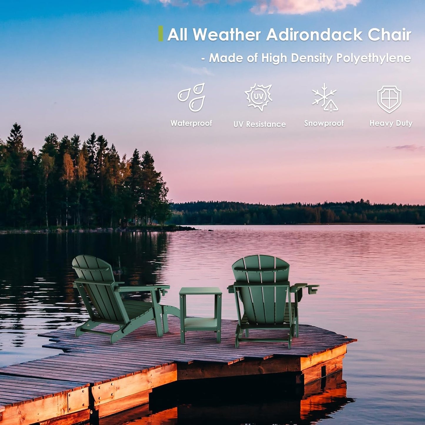 GREENVINES Folding-Adirondack-Chairs-Set-of-4 | HDPE Plastic | Fire Pit Chair | All Weather | Cup Holder | Forest | for Deck Backyard Patio Outdoor Garden