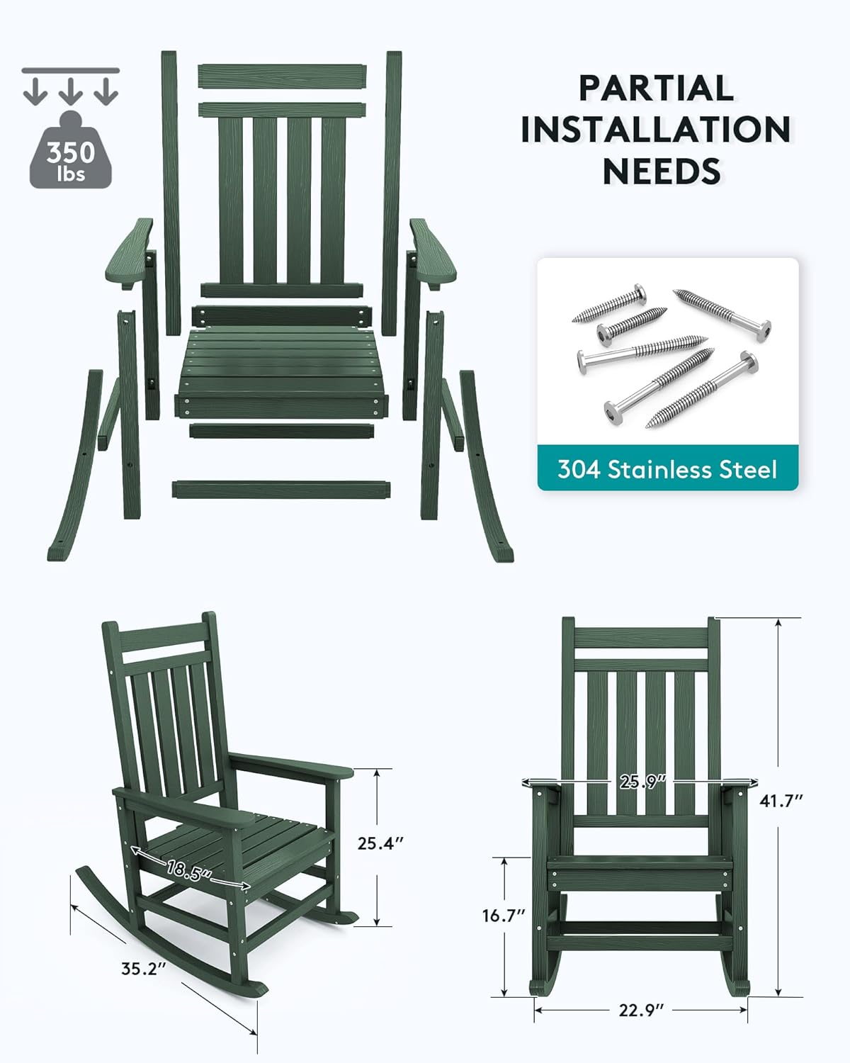 SERWALL Outdoor Rocking Chair Set of 2, HDPE Rocking Chairs for Adult, All Weather Porch Rockers for Lawn Garden, Green