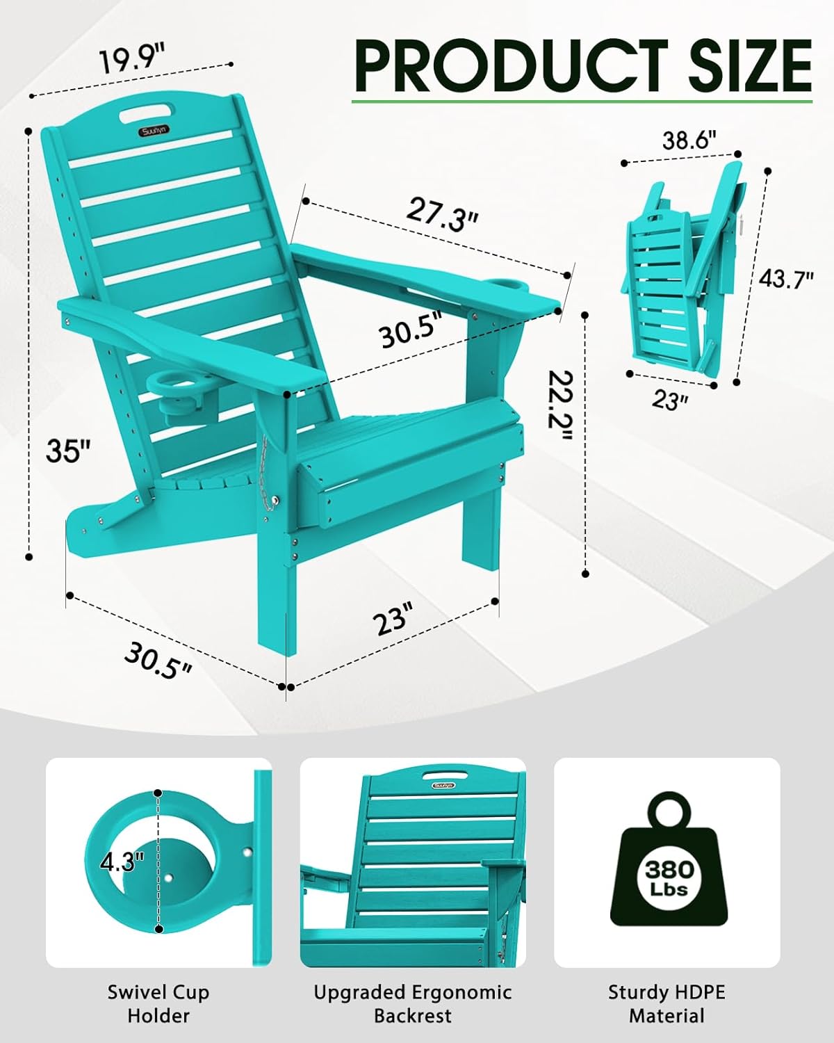 Adirondack Chairs Set of 2, Outdoor Fire Pit Chairs, HDPE All-Weather Adirondack Chairs with Cup Holder, Lawn Chair for Deck, Patio, Garden (Lakeblue)