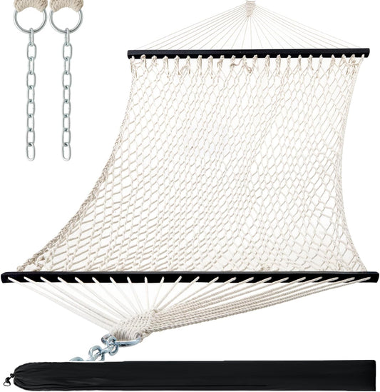 PNAEUT Double Hammocks for Outside, 13ft Traditional Rope Hammock for 2 Person with Hardwood Spreader Bar and Carrying Bag, 475 lbs Capacity (Beige)