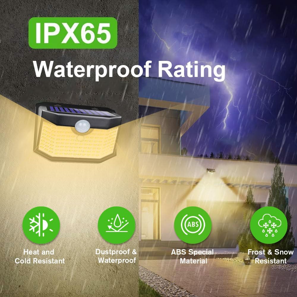 HMCITY 120 LED Outdoor Solar Lights- with Motion Sensor and 3 Lighting Modes, IP65 Waterproof Wide Solar Wall Lights Ideal for Garden Patio Yard (Front Button 4Packs, Warm White)