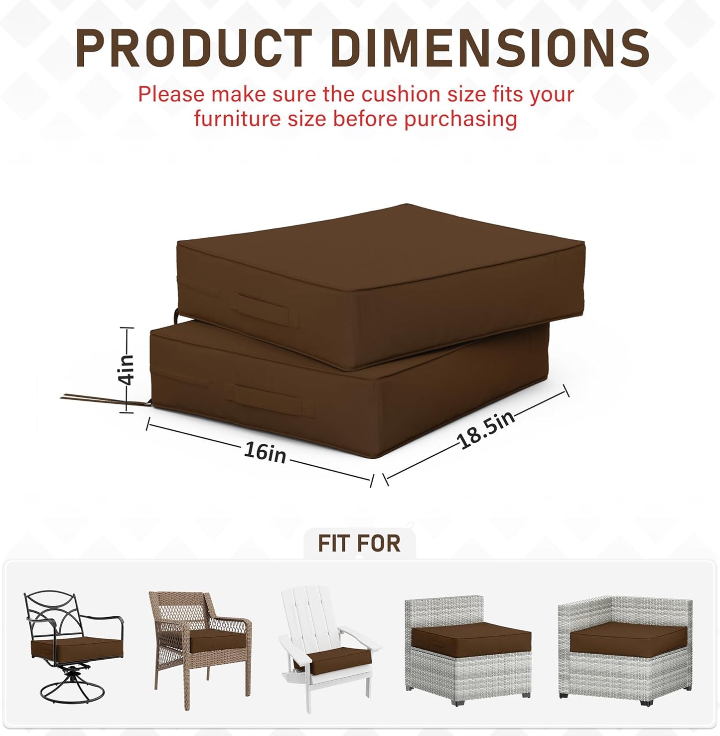 Patio Chair Cushions 18.5 X 16 X 4 Inch Waterproof Outdoor Seat Cushions for Patio Furniture, Outdoor Sofa Couch Pads with Ties & Handle, Set of 2, Chocolate