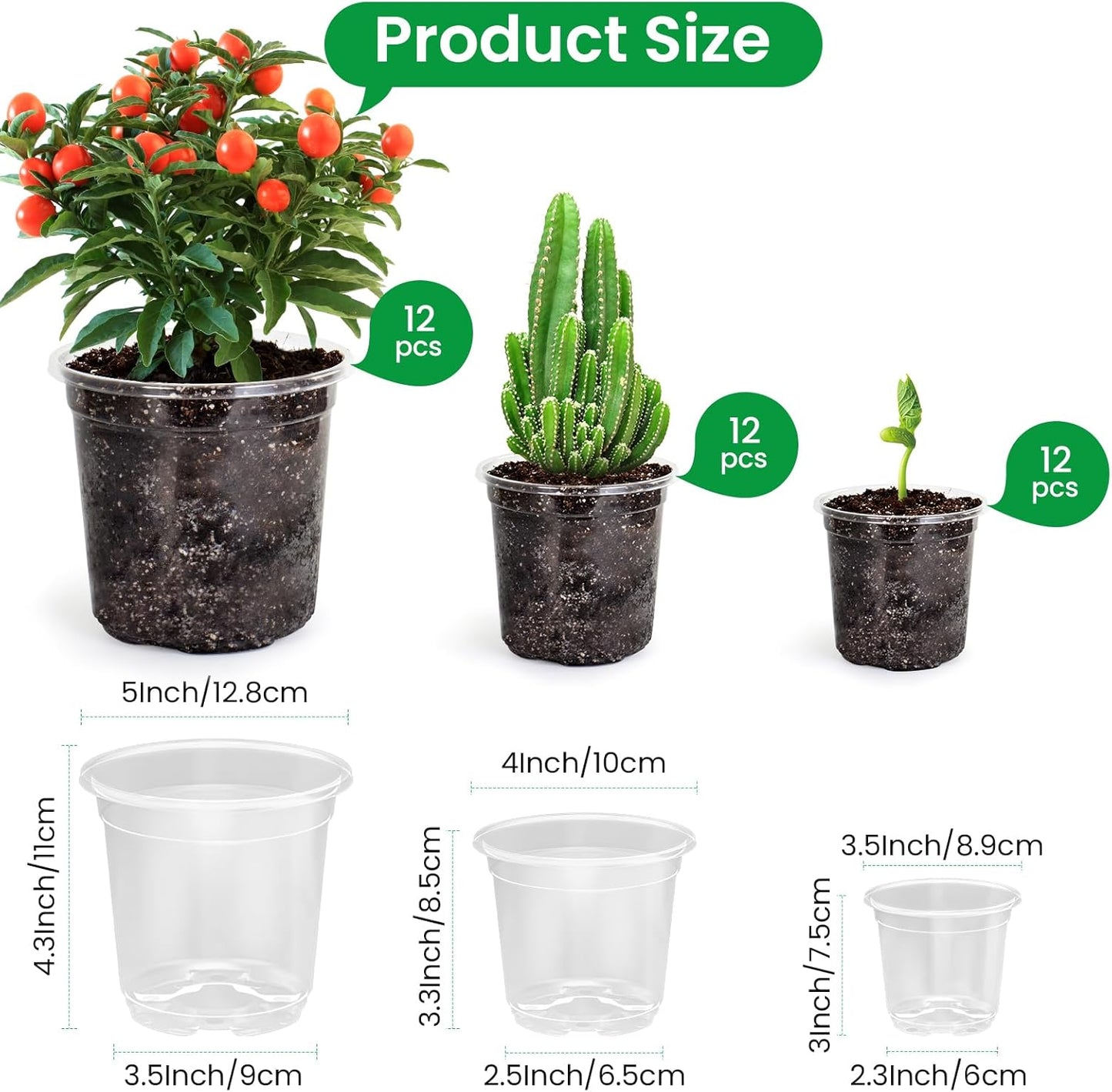 36 Packs 5/4/3.5 Inch Reinforced Clear Nursery Pots with Drainage Hole, Transparent Variety Pack Plastic Plant Pot Seedling Planter Seed Starter Flower