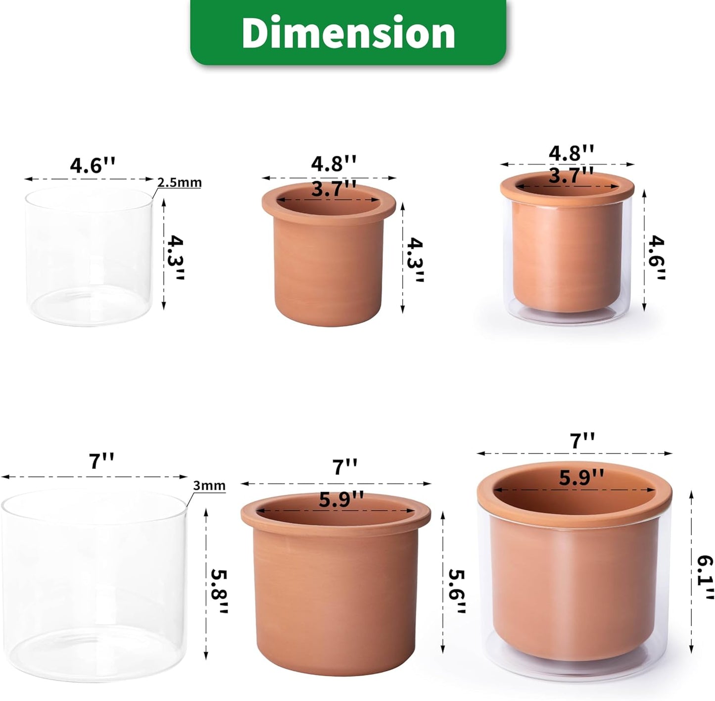 Phoenix Vine 4 Inch 6 Inch Self Watering Plants Pots, Design Terracotta Pots for Plants, Indoor Cylinder Terra Cotta Planter with Glass Vase Set, 51-A-G-46