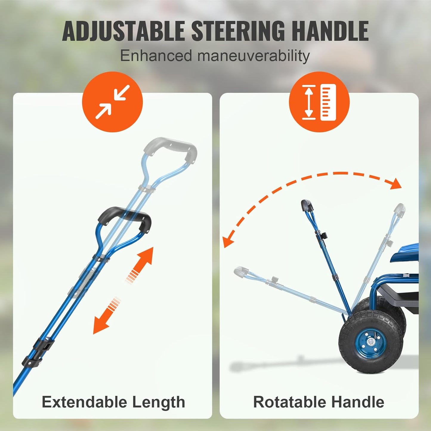 VEVOR Rolling Garden Work Seat with Wheels, Gardening Stool for Planting, 360 Degree Swivel Seat, Garden Scooter with Steering Handle & Tool Tray, Garden Chair for Outdoor, Patio and Yard, Blue