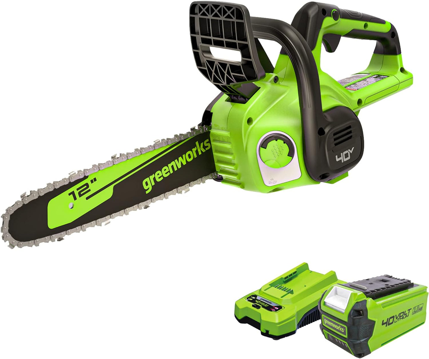 Greenworks 40V 12" Cordless Compact Chainsaw (Great For Storm Clean-Up, Pruning, and Camping), 2.0Ah Battery and Charger Included