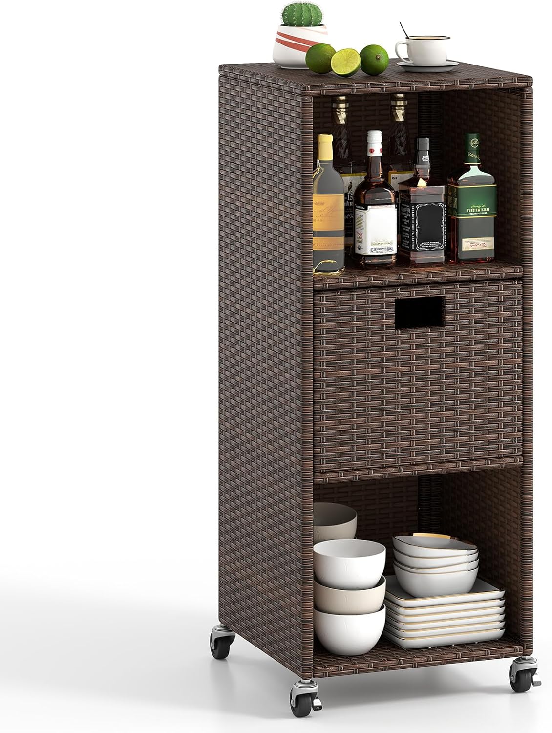 Tangkula Rattan Outdoor Storage Cabinet, Patiojoy Outdoor Wicker Cabinet with 3 Shelves, 1 Removable Drawer, 4 Wheels, Patio Storage Deck Box Cart for Backyard Poolside Porch (Mix Brown)