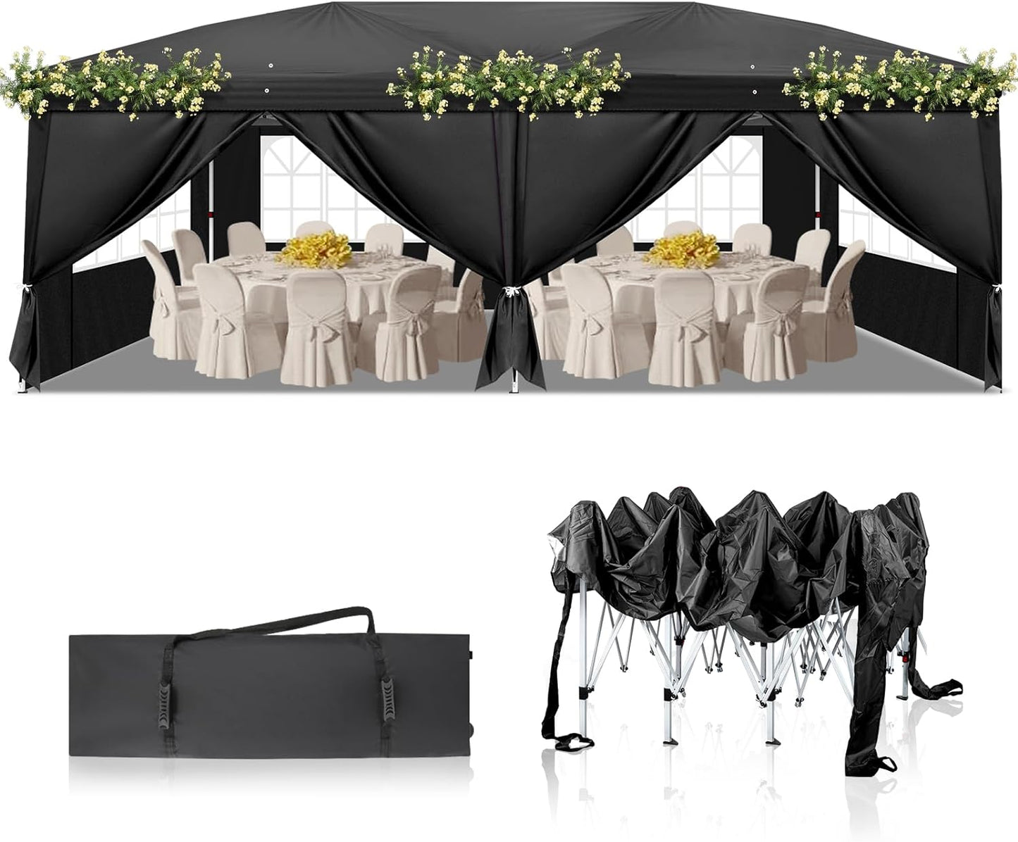 Outvita 10x20ft Pop Up Canopy Tent, Outdoor Instant Shelter Folding Canopy with 6 Side Walls and Carry Bag for Commercial Events, Party, Backyard BBQ, Camping Black