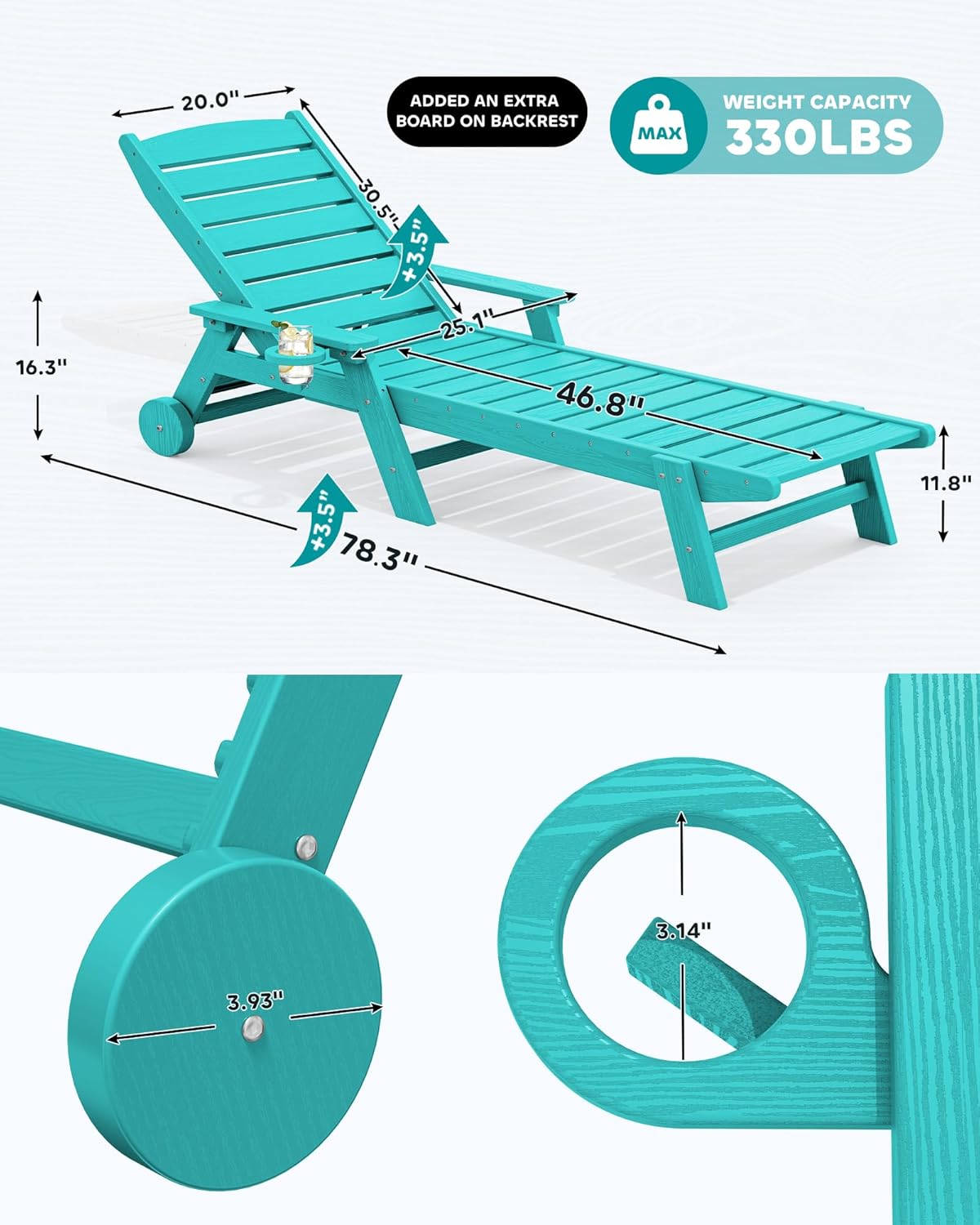 SERWALL Patio Chaise Lounge Chair Set of 2, 78'' Long 5-Positions Adjustable HDPE Outdoor Lounge Chair for Pool, Poly Lounge Chair with Rolling Wheels & Cup Holder for Poolside, Deck, Aqua Blue