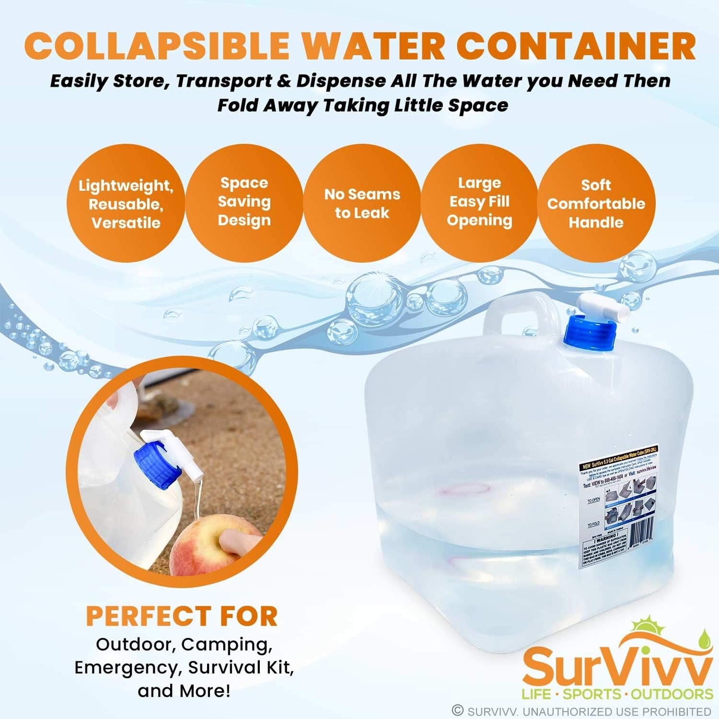 Collapsible Water Container with Spigot, BPA Free, Food Safe Camping Water Storage Cube Jug for Outdoor Hiking Hurricane & Emergency Survival Kit, Portable Foldable Canteen