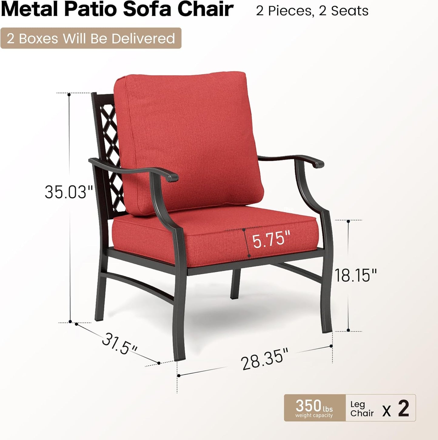 Metal Patio Chairs Set of 2 with 5.75" Extra Thick Cushion, 2 Pieces High Back Outdoor Patio Chairs All Weather Outdoor Furniture Seating for Deck Backyard Balcony Front Porch, Red