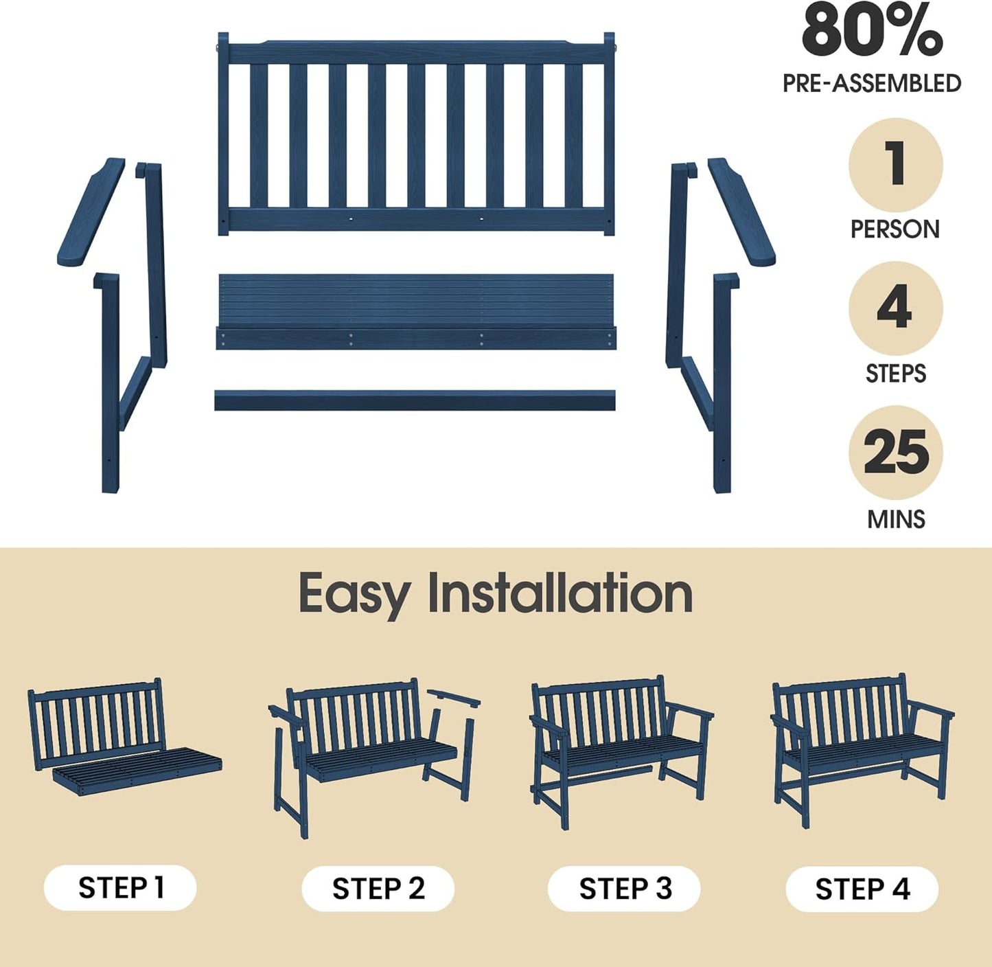 Ciokea 44" Outdoor Bench, HDPE Weatherproof Garden Bench, 2-Person Porch Benches with 550 Lbs, Waterproof Patio Benches for Outside Balcony Deck Backyard, Navy Blue