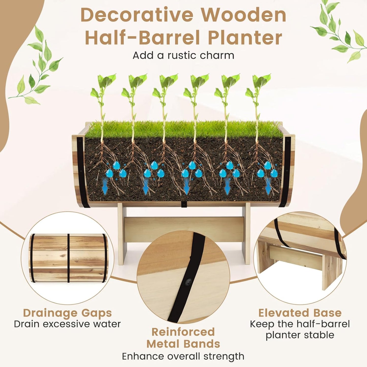 HAPPYGRILL Wooden Plant Pots, Solid Acacia Wood Half-Barrel Planting Flower Pot w/Legs, Drainage for Flower Vegetable Fruit, Outdoor Elevated Garden Bed, Decorative Planters for Indoor Plants (1)