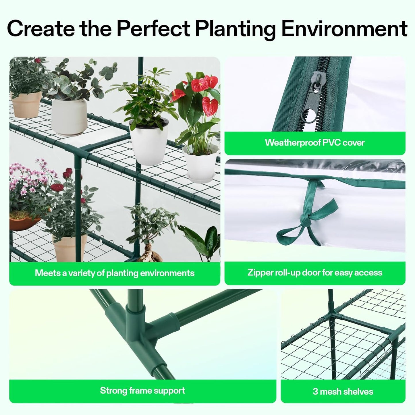 VIVOSUN 57x57x77-Inch Transparent Mini Walk-in Green House with Window and Anchor, Plant Garden Hot House 2 Tiers 8 Shelves, 4.7 x 4.7 x 6.4 FT