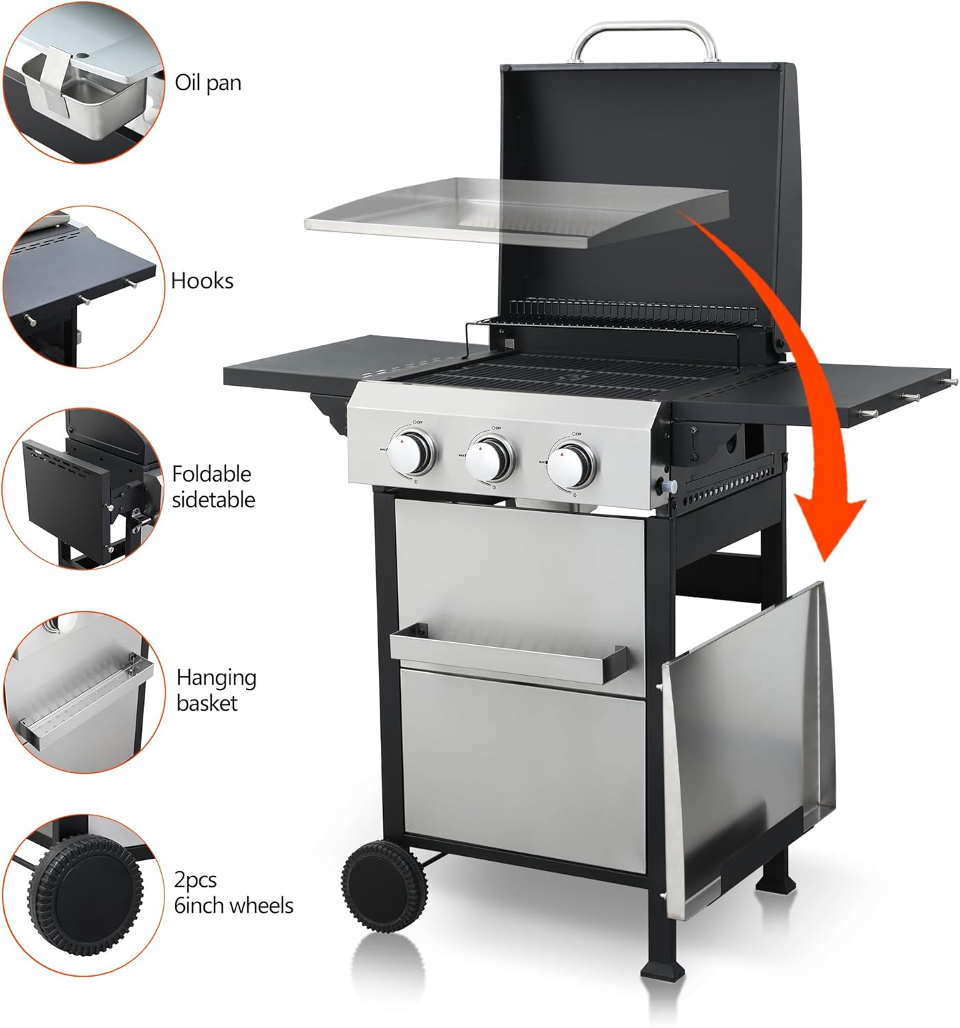 3-Burner Propane Gas BBQ Grill with SS Plancha, 36,900 BTU Output, Wire Enamel Grids, Foldable Side Table and Hanging Basket, Stainless Steel Grill for Patio Use