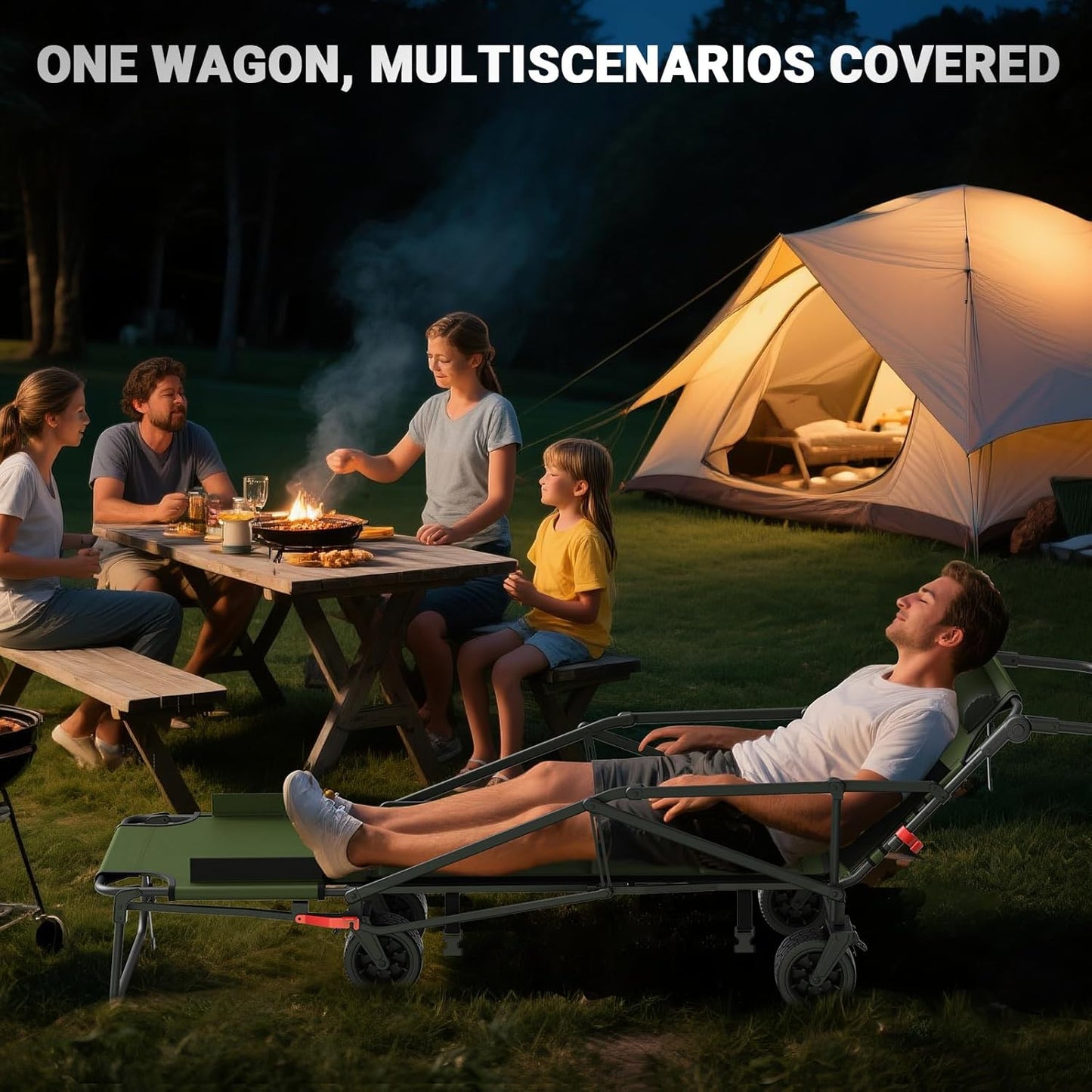 LEVELEVE Heavy Duty Folding Wagon - 2-in-1 Collapsible Cart, 650lb Capacity, All-Terrain Wheels w/Brakes & Side Pockets (Army Green)