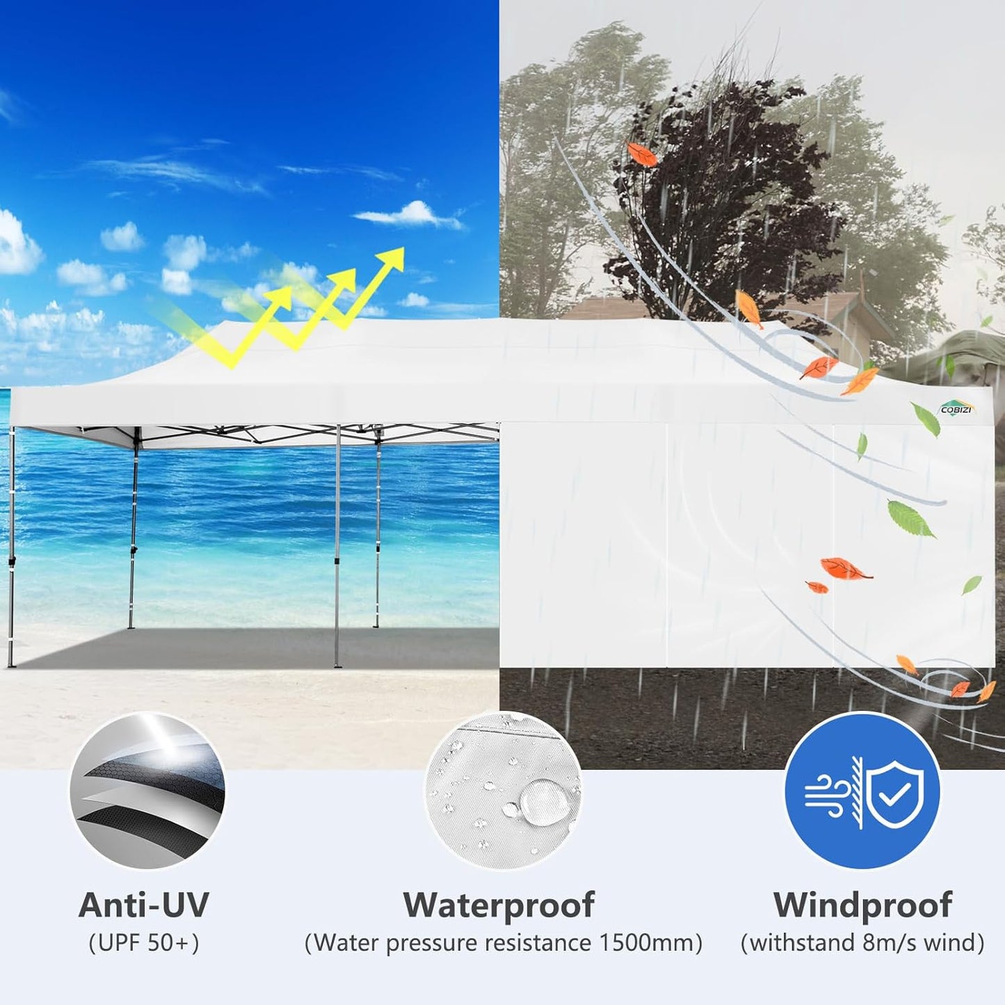 COBIZI 10x30 Pop up Canopy Tent 10x30 Canopy with Sidewalls, Heavy Duty Party Tent Tents for Parties, Foldable UPF 50+ Waterproof Commercial Easy up Canopy with Roller Bag, White(Windproof Upgraded)