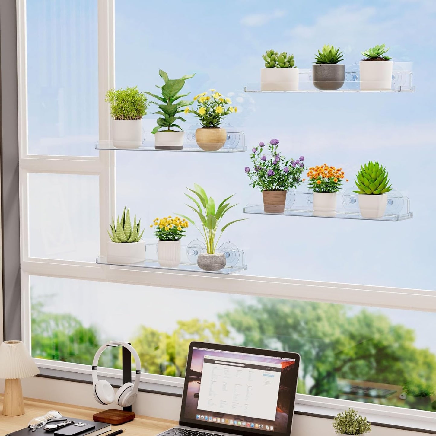 Lifewit Window Plant Floating Shelves 15 x 4 inch, 3 Pack Acrylic Suction Cup Shelf, Window Sill Extender for Indoor Succulent Plants, Micro Greens, Seed Starter Pots, Herb Planters