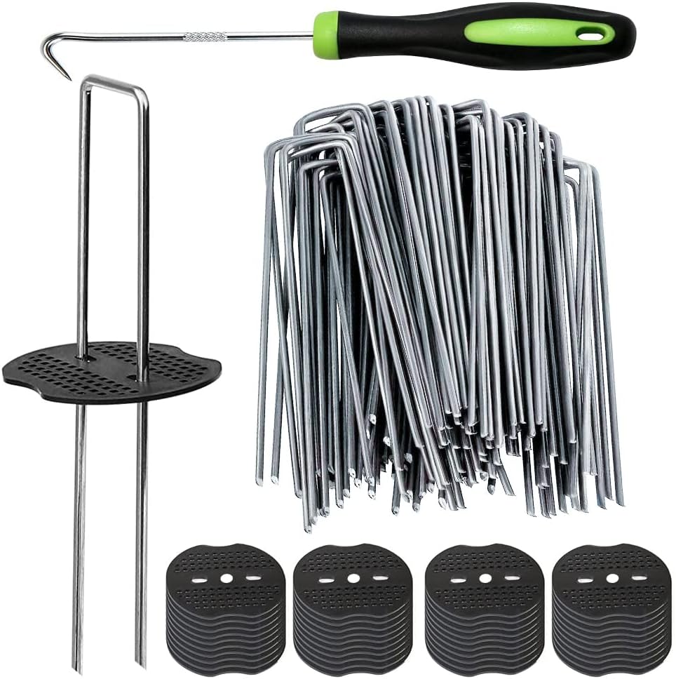 Bakulyor 150Pcs Landscape Staples + 150Pcs Gasket, 6 Inch Garden Stakes Staples 11 Gauge U Shaped Galvanized Lawn Landscape Pins, Heavy Duty Yard Ground Pin for Weed Barrier Sod Fabric Decorations