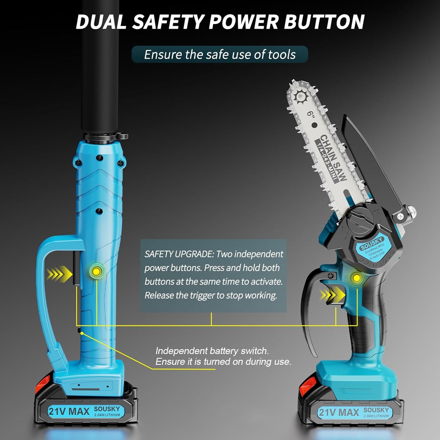 2-in-1 6 In Mini Chainsaw & Electric Pole Saw, Electric Pole Saws for Tree Trimming, 21V Cordless Battery Chainsaw Powered with 2 Batteries, Auto-oil, Chain saw for Tree Pruning/Wood Cutting