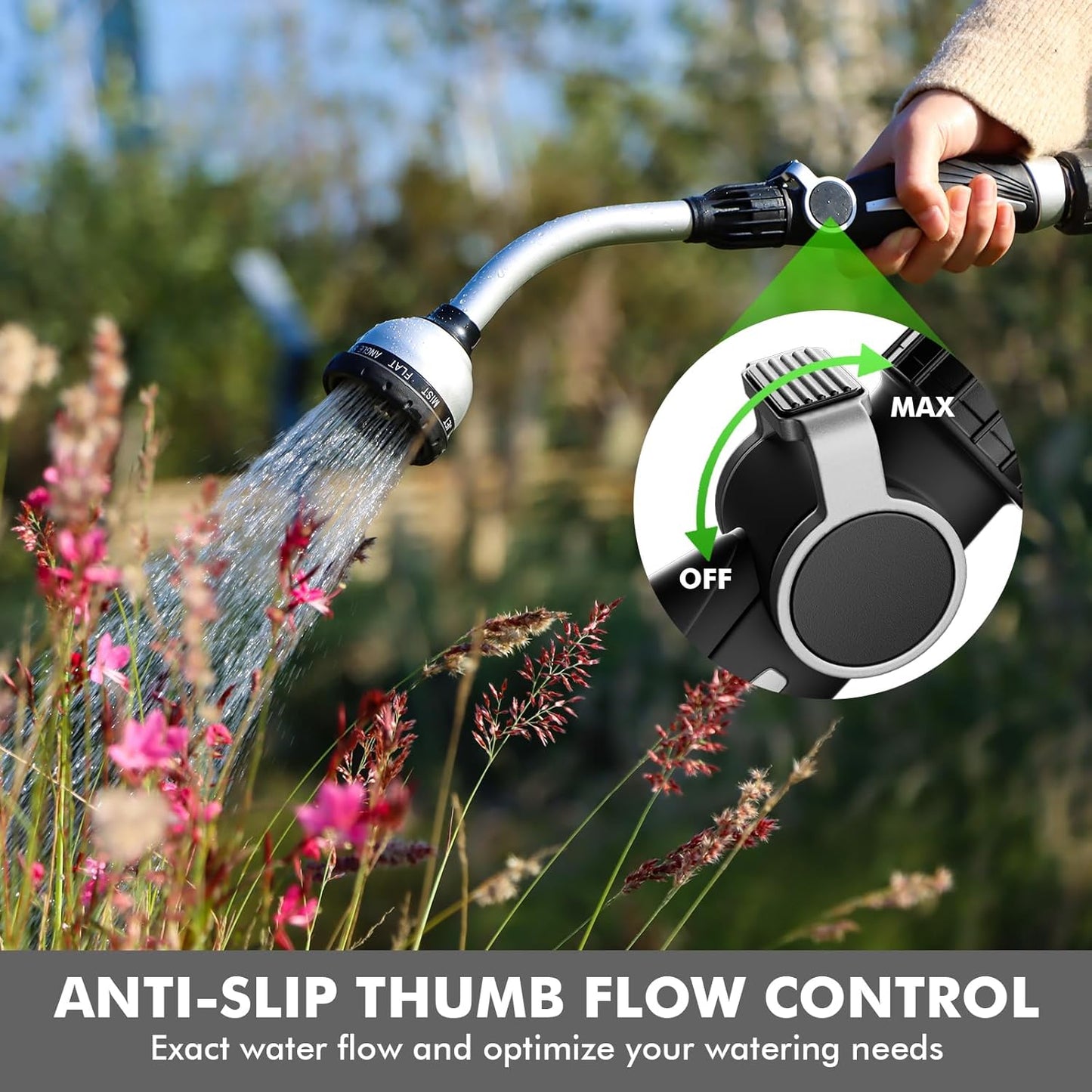 RESTMO Watering Wand Heavy Duty, Metal Garden Hose Wand with Thumb Flow Control, 15-Inch Long Hose Nozzle Sprayer with 10 Spray Patterns, Ideal to Water Hanging Baskets and Shrubs, Silver