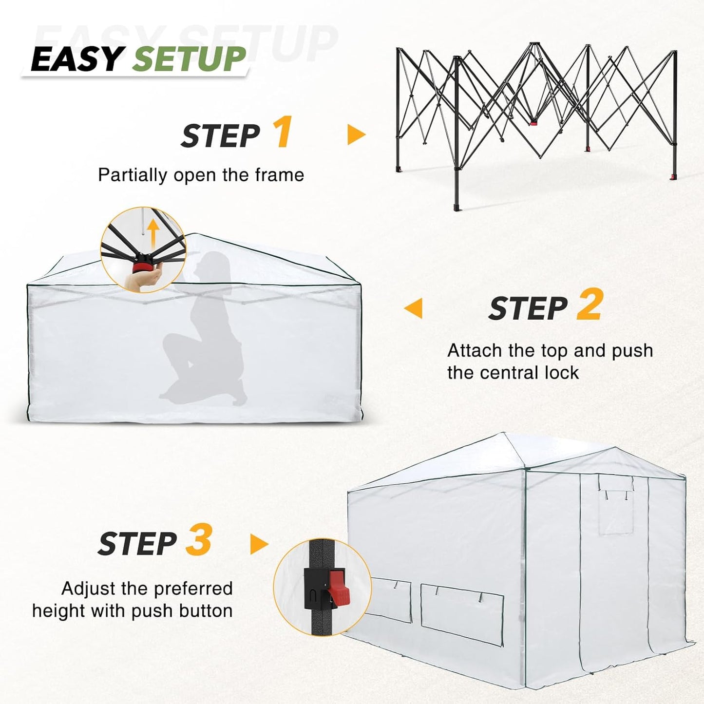 EAGLE PEAK Instant Pop-up Greenhouse, Indoor Outdoor Plant Gardening Green House, Roll-Up Zipper Doors and Side Windows, Heavy Duty Walk in 12x8 ft, Woven PE Cover, White