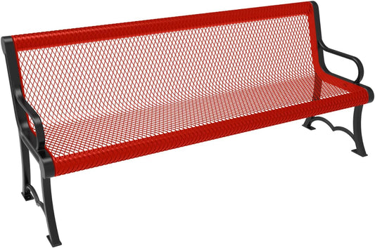 Coated Outdoor Furniture Heavy-Duty Outdoor Bench Thermoplastic Coated, Expanded Metal, Commercial-Grade Garden Bench, Made in America (Portable with Back, 6 Ft, Red)