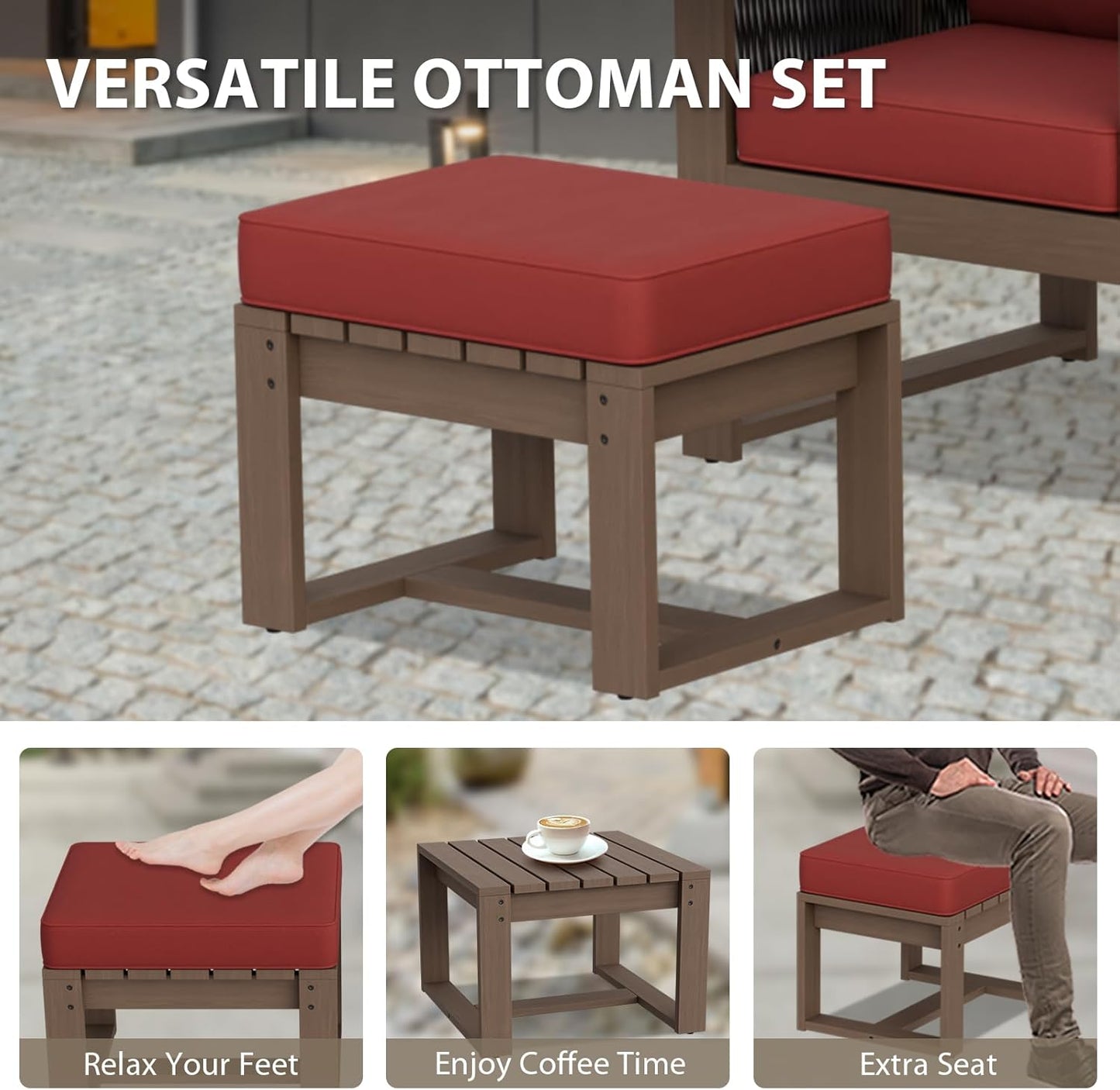 EAGLE PEAK Natural Wood Outdoor Patio Furniture, Cedar Furniture, Conversation Set, Outdoor Seating for Deck Patio Porch, Sofa, 2 Chairs & 2 Ottomans, 5 Pieces, Brown/Red