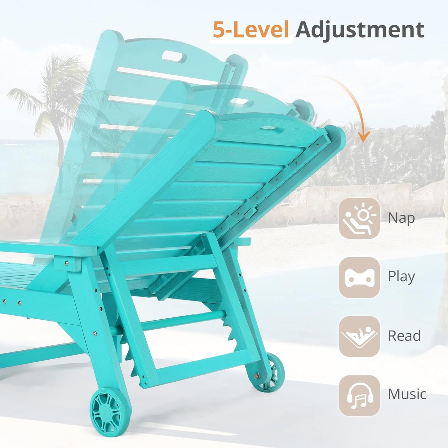 LUE BONA Outdoor Chaise Lounge Chairs Set of 2, HDPS Chaise Lounger, 5 Positions Adjustable Lounge Chairs, Pool Lounge Chair with Wheels for Poolside, 3 Year Warranty, Aruba Blue
