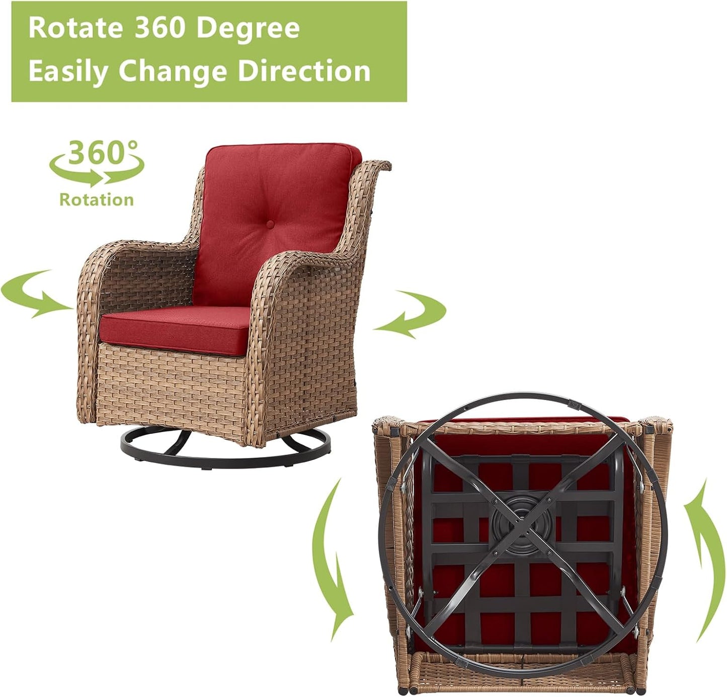 Outdoor Patio Swivel Rocker Chairs - Wicker Rattan Patio Swivel Rocking Chairs Set of 2 with High Back,Deep Seating and Comfort Cushions for Deck Porch Garden,Yellow/Red