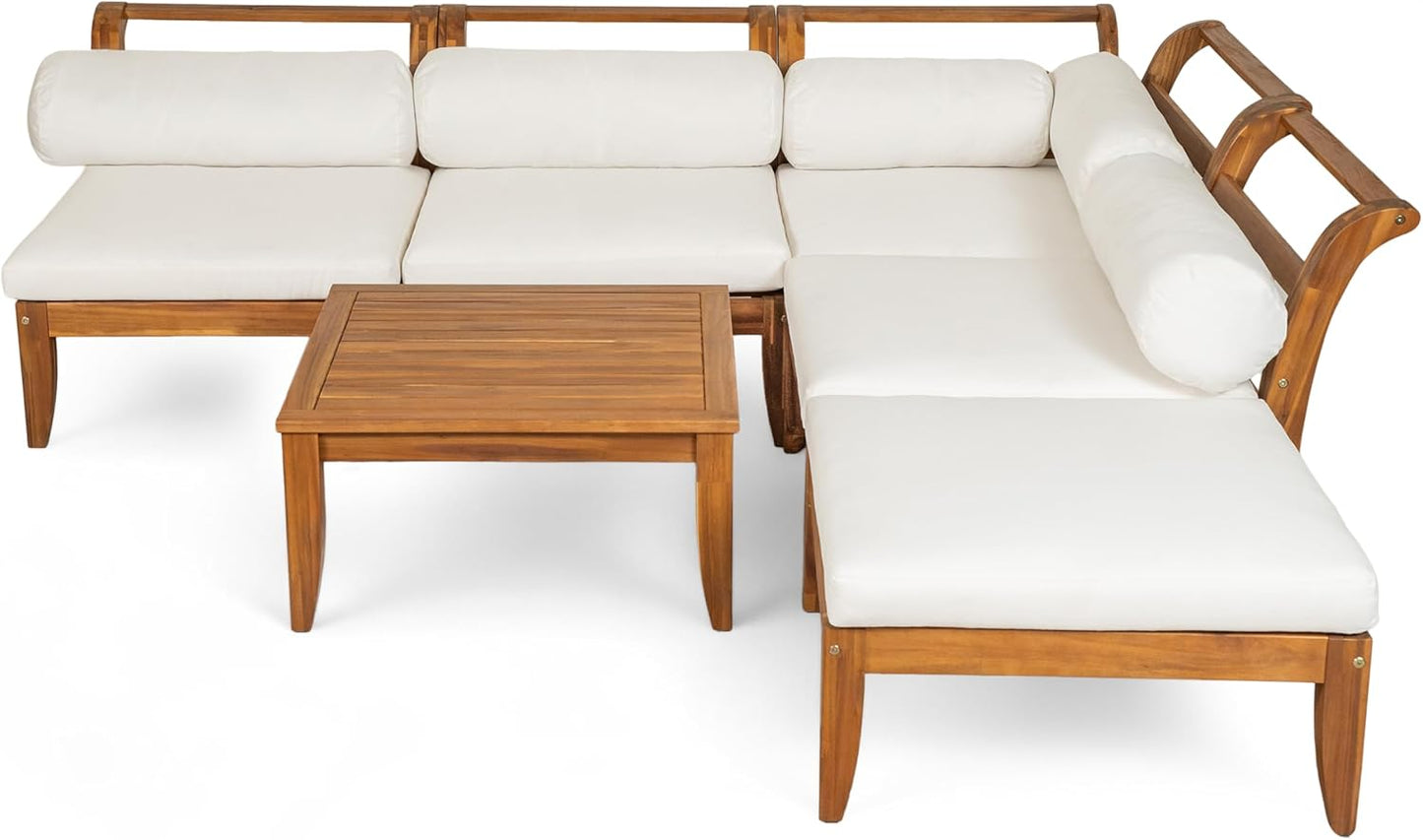 6 Piece Acacia Wood Patio Sofa Set, Outdoor Modular Sectional Garden Furniture Set with Tea Table, Ottoman, 5 Cushions and Pillows, L-Shaped Conversation Daybed for Patios, Poolsides, Gardens