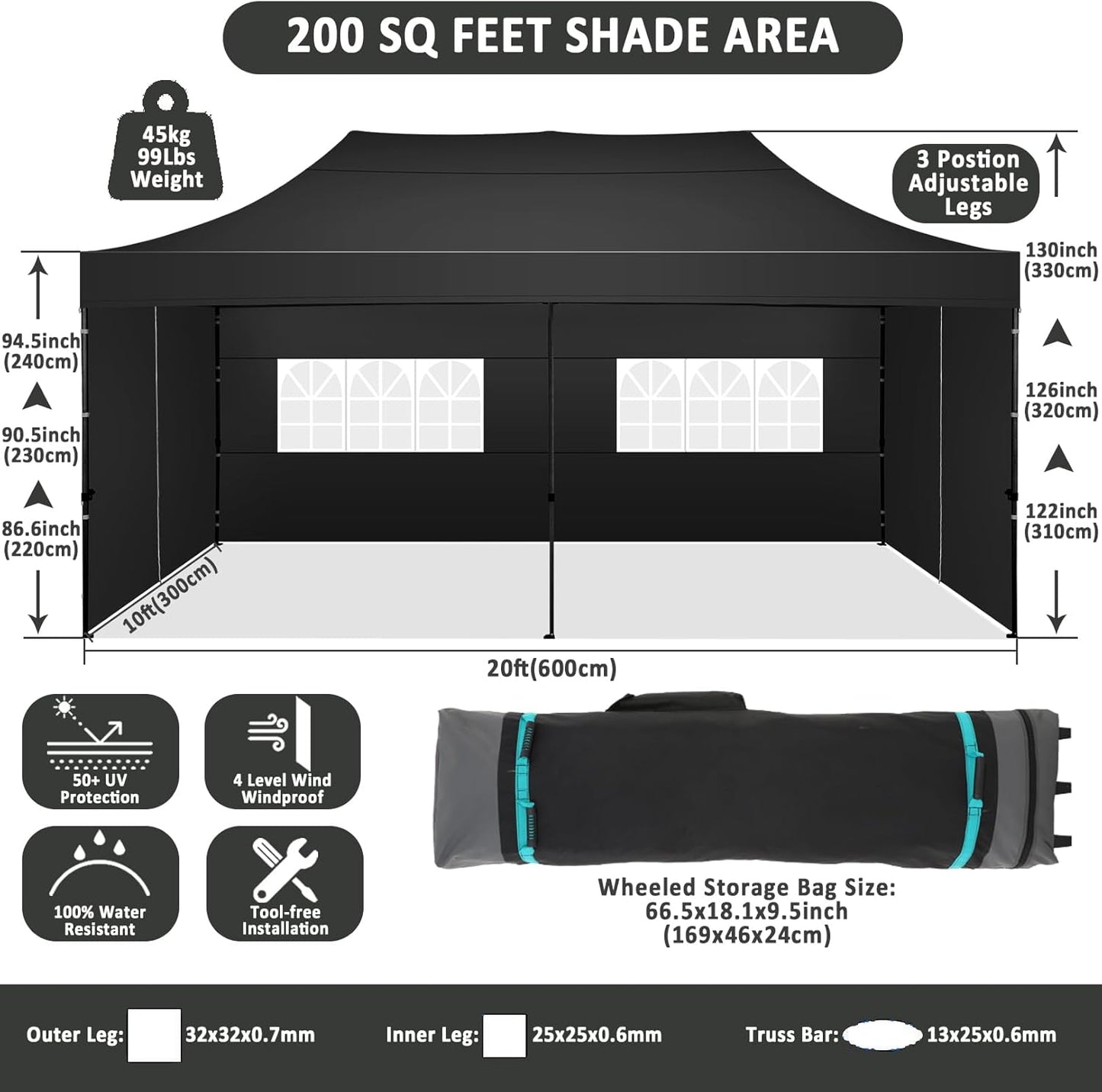 COBIZI 10x20 Pop Up Canopy with 6 Sidewall,Heavy Duty Canopy UPF 50+ All Season Wind Waterproof Commercial Outdoor Wedding Party Tents for Parties Gazebo with Roller Bag(10 x 20 ft Black)