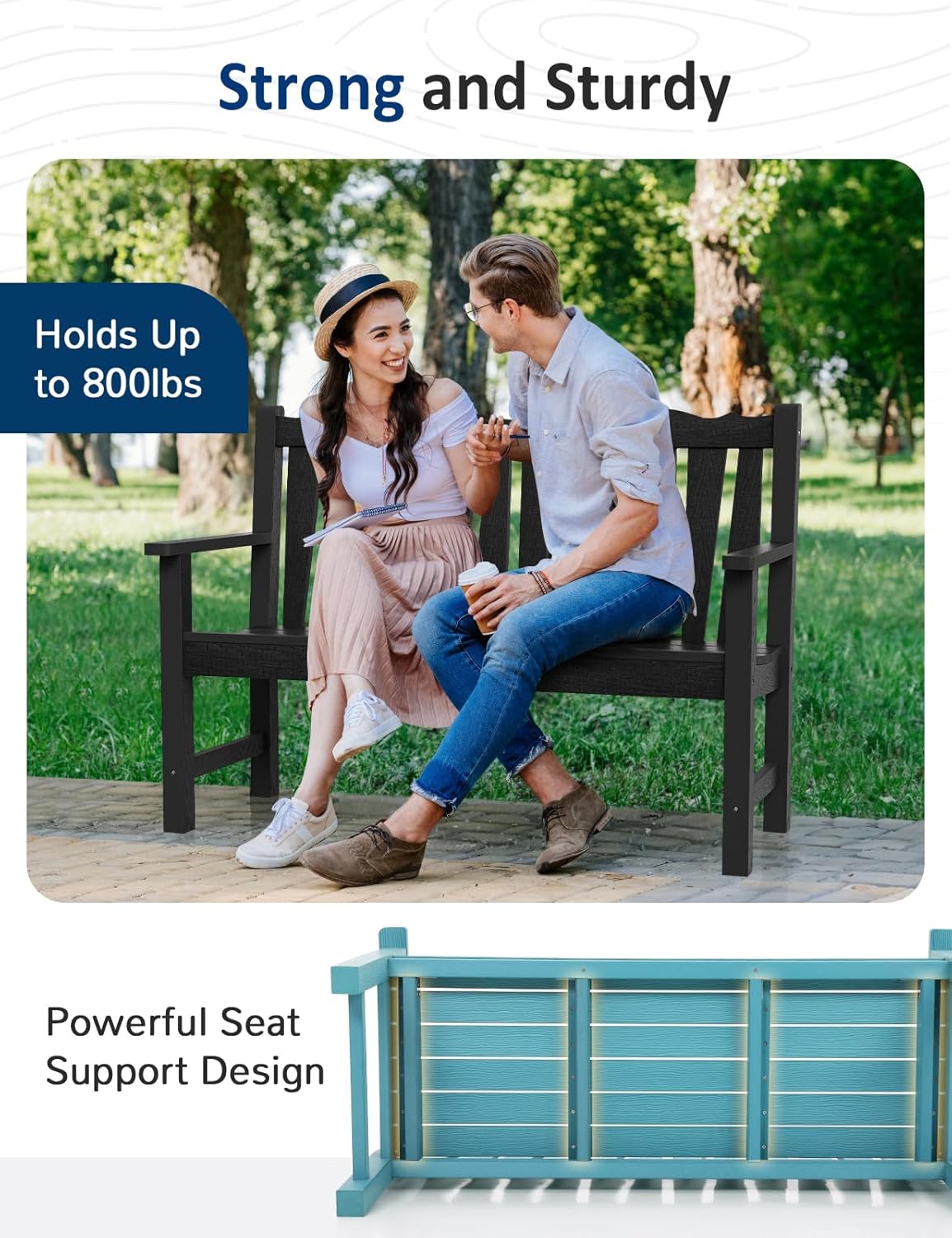 Outdoor Bench Set of 2, Weatherproof Garden Benches for Outdoors, All Weather HIPS Patio Bench Holds up to 800lbs, Never Rot or Fade, Comfort Bench for Porch Garden Patio Yard and Park(Black)