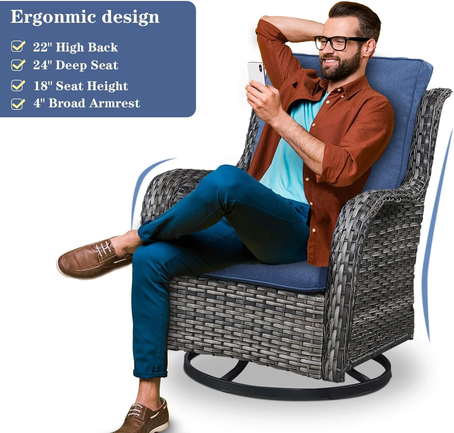 Outdoor Patio Furniture Set - 7 Piece Gray Wicker Conversation Patio Furniture Set All Weather Swivel Chairs with Ottoman and Loveseat Glider Chair for Deck Balcony Backyard