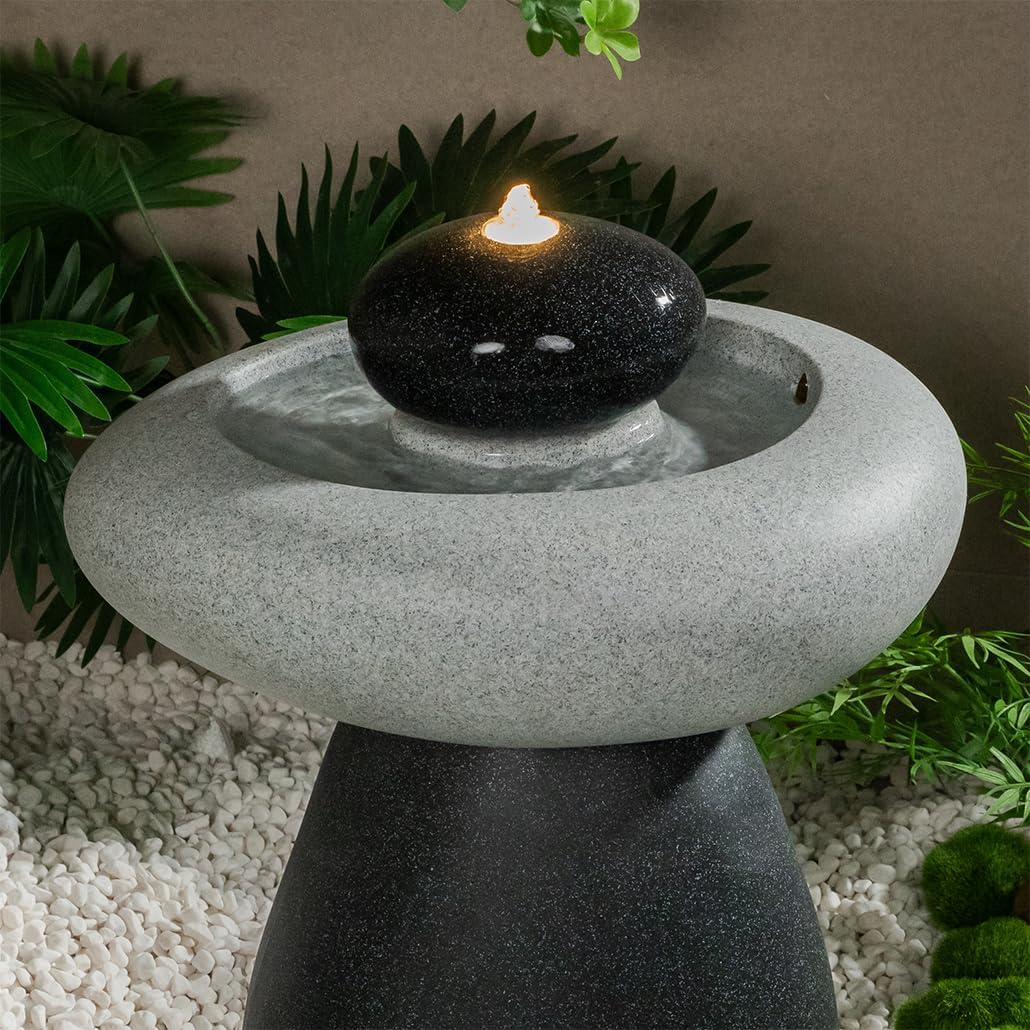 24.02" H Outdoor Water Fountain Made with Eco-Friendly Recyclable Materials, Polyethylene Rock Waterfall Outdoor Fountain, Garden Decor with LED Light & Pump for Patio, Backyard