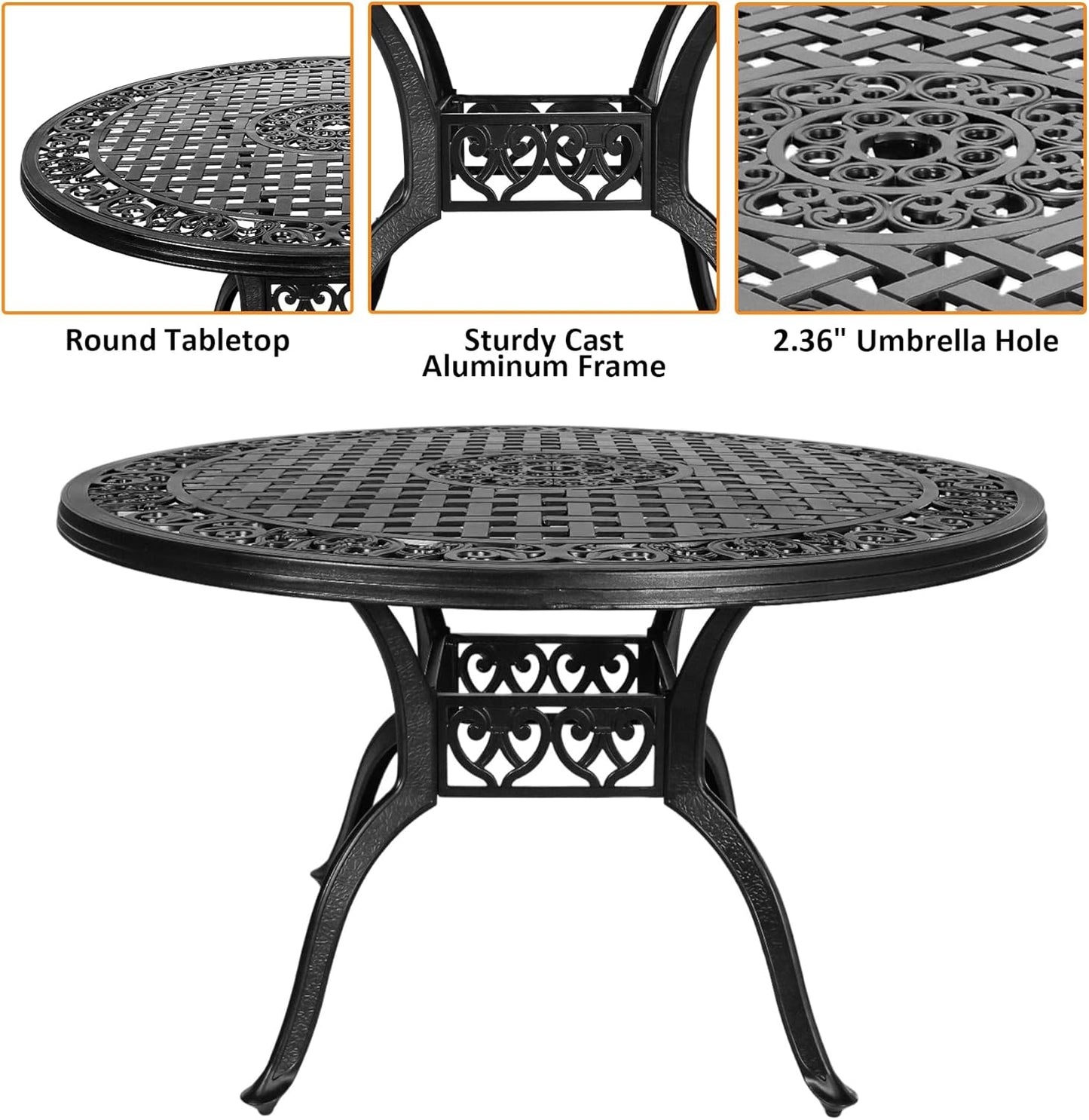 7 Pieces Cast Aluminium Patio Dining Set for 6 Person,Round 48" Patio Table and 6 Chair with 2.3" Umbrella Hole,Outdoor Patio Dining Set for Porch Backyard Deck, Black