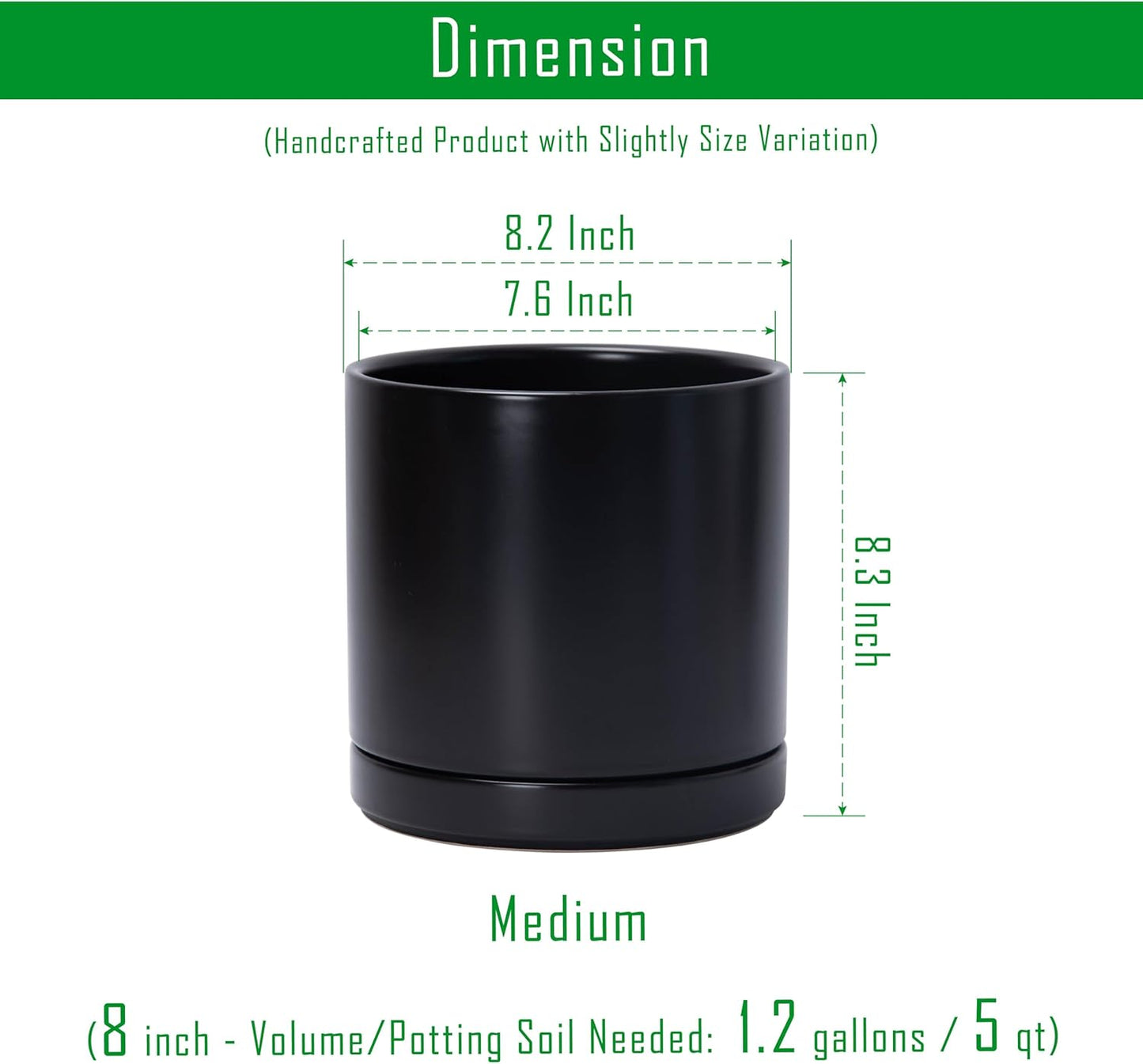 D'vine Dev Set of 2 Plants Pots, 8 Inch Ceramic Planter Pot for Plants with Drainage Hole and Saucer, Black, 94-V-D-2